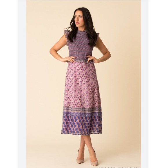 Sea New York Bianca Smocked Midi Dress Purple Pink Floral Print Sz 8 - Picture 1 of 12
